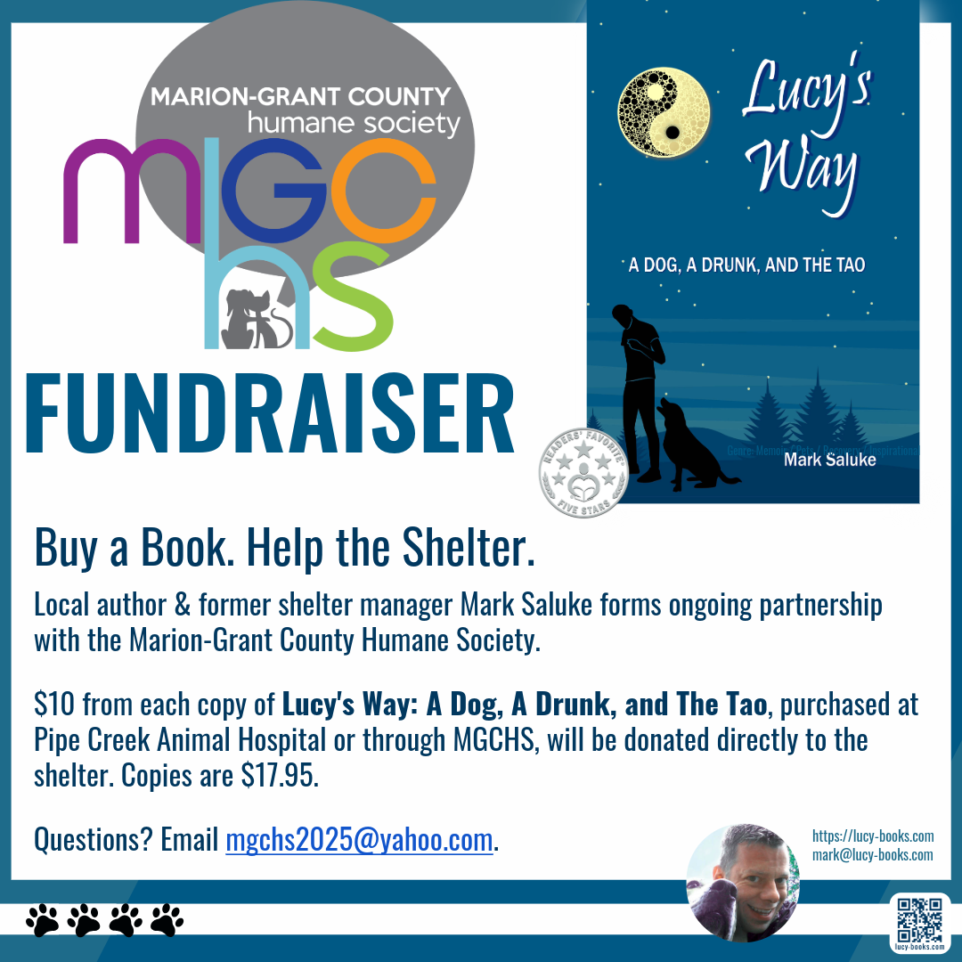 MGCHS fundraiser. Mark will donate $10 of every copy of Lucy's Way sold through MGCHS back to the shelter.