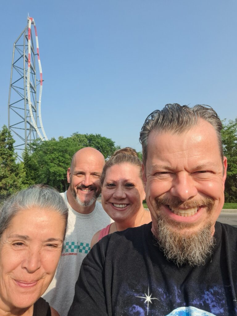Getting ready to have a blast with Wende and Megan and Eric Kern at Cedar Point (with the best coaster in the world in the background).