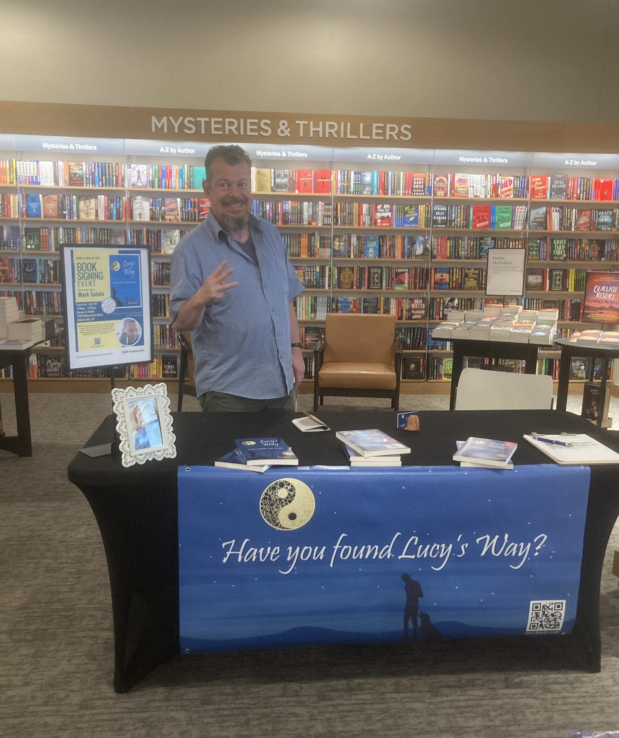 Lucky No. 3: Mark's July 25, 2026 author signing at Barnes and Noble in Noblesville was his third stop at the Noblesville store for an author signing since beginning to tour Lucy's Way: A Dog, A Drunk, and The Tao.
