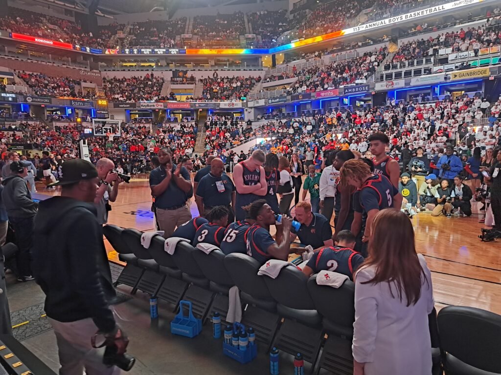 Press row behind the Kokomo boys basketball team's bench just before the opening tip of the 2023 IHSAA boys basketball state championship game at Gainbridge Fieldhouse.